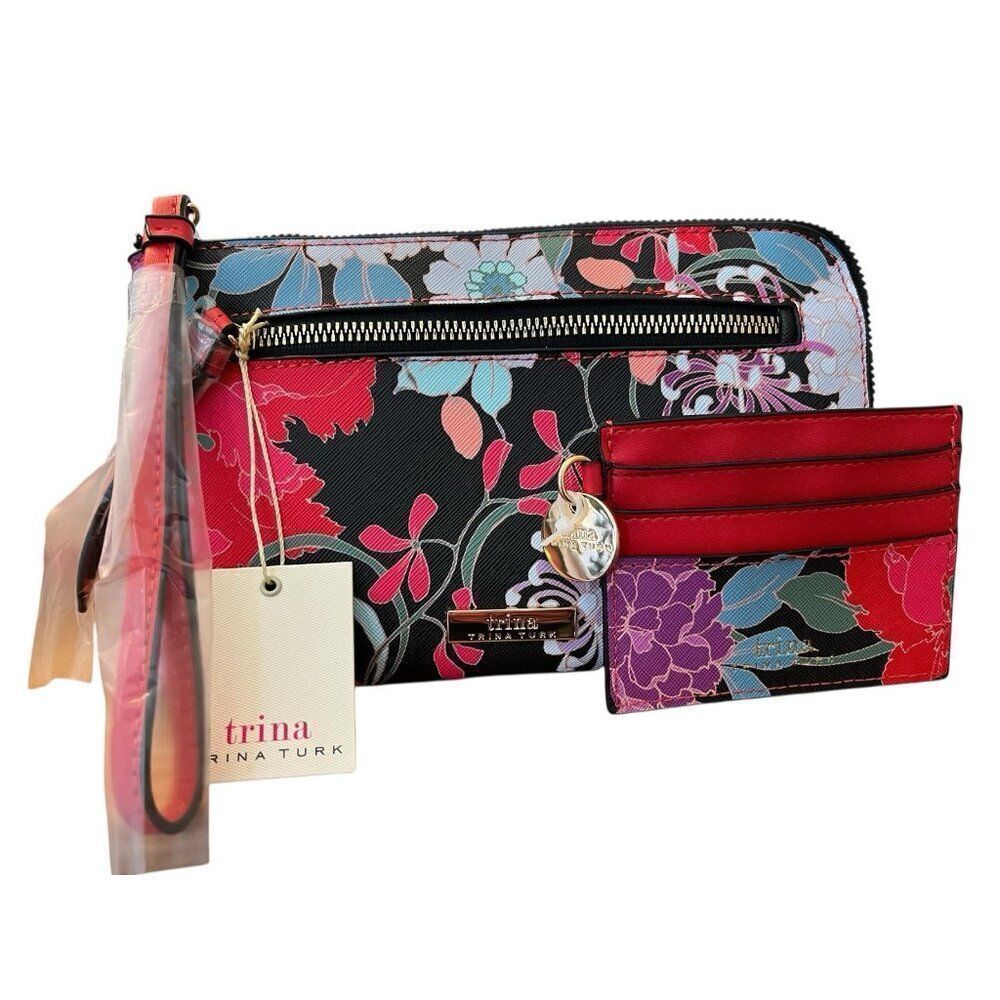 Trina Turk Multicolor Floral Wristlet Purse CardHolder Gift Set Red Purple NWT
